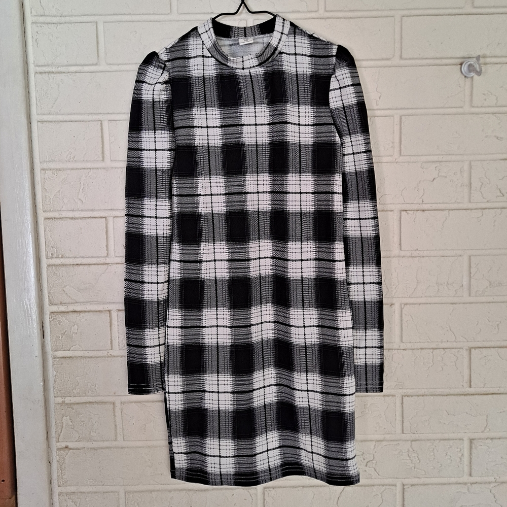 Shein black and white plaid capped long sleeve sheath dress , 10y